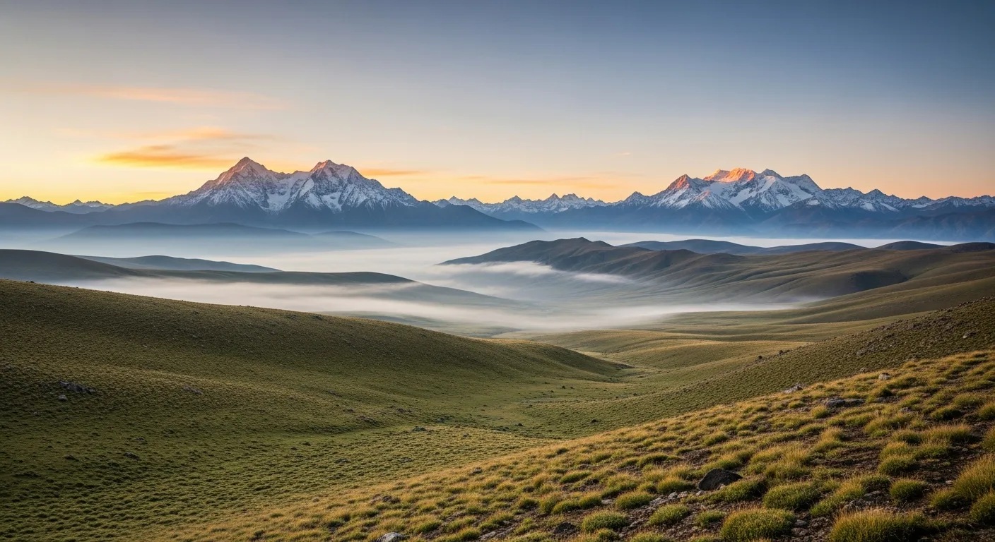 KI-generiertes Symbolbild: weites Hochplateau mit Alpenwiese und schneebedeckten Bergketten, Lebensraum des Raupenpilzes