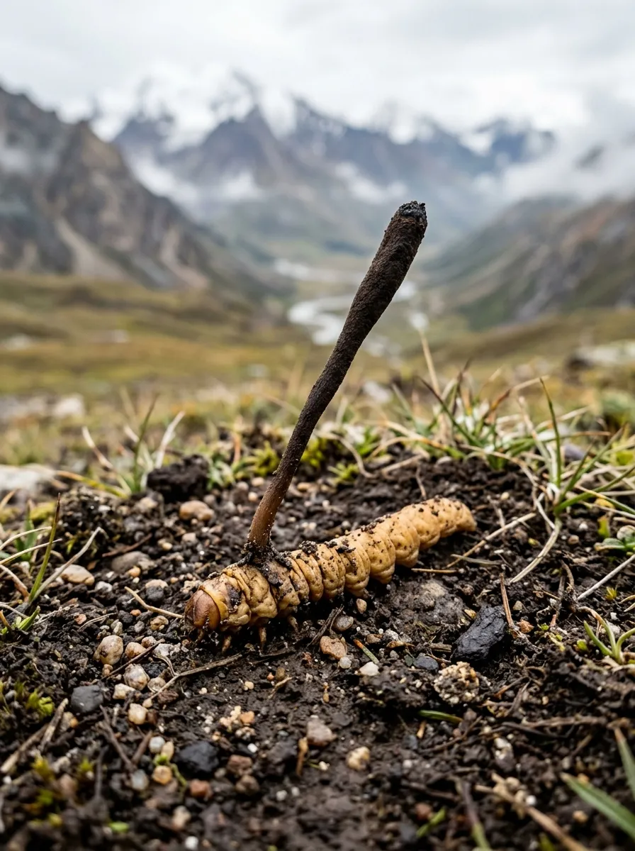 KI-generiertes Symbolbild: Cordyceps sinensis im Boden, Raupenkörper mit schlankem, dunklem Fruchtkörper