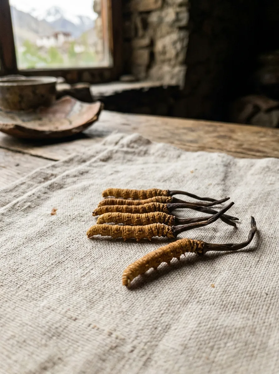 KI-generiertes Symbolbild: getrockneter Cordyceps sinensis, Raupenkörper mit dunklem Fruchtkörper