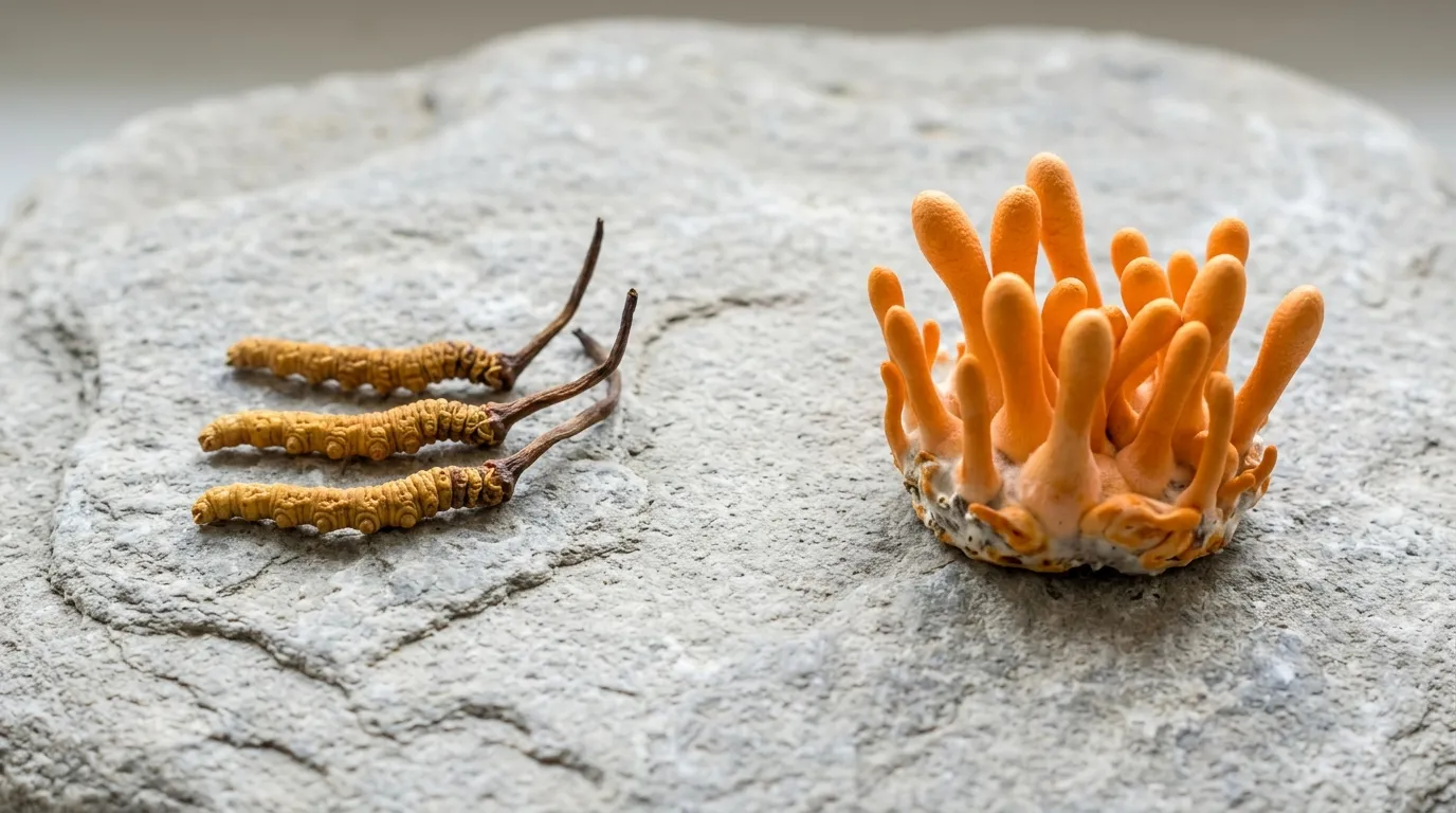 KI-generiertes Symbolbild: links getrockneter Cordyceps sinensis mit dunklem Fruchtkörper, rechts leuchtend orange Fruchtkörper von Cordyceps militaris